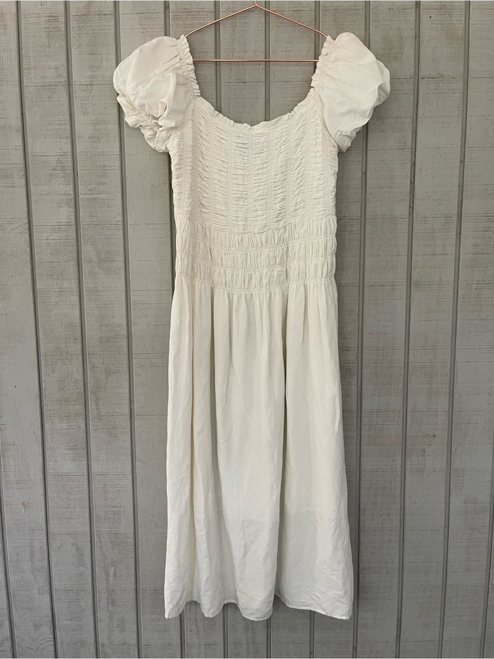 Anthropologie Kourt White Smocked Puff Sleeve Midi Dress M NWOT Cottagecore